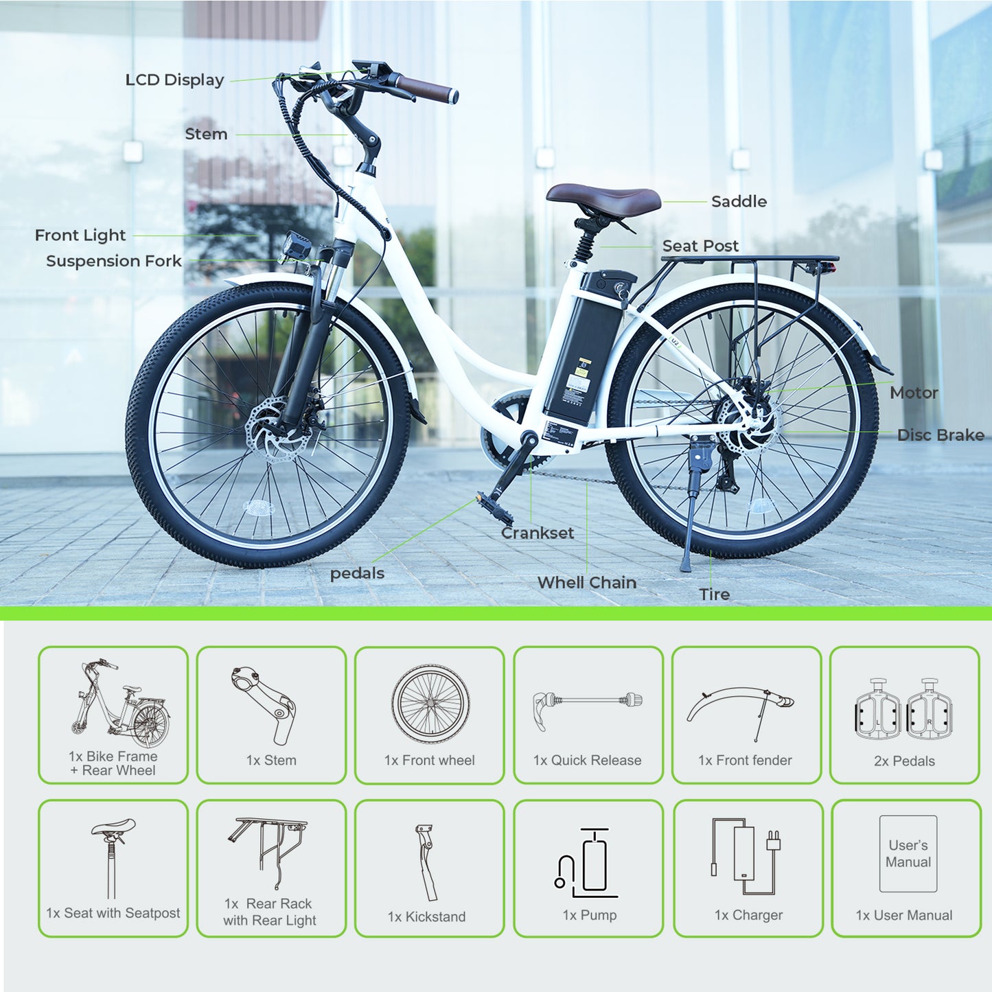 26-Zoll City Komfort E-Bike – kraftvoller 250W Motor, 7-Gang-Schaltung & 36V 13Ah Akku mit 36-monatiger Gewährleistung