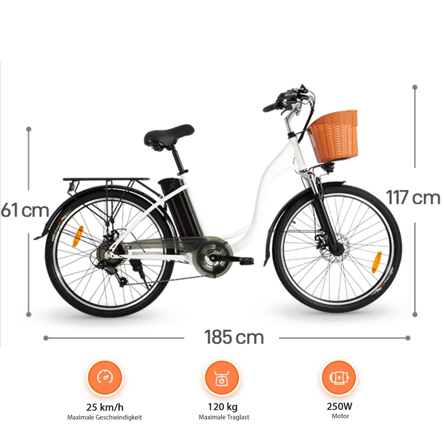 Elektrisches 26-Zoll Citybike| 250W Motor, 36V 14,5Ah Akku - mit Korb & Gepäckträger und 36 Monaten Gewährleistung