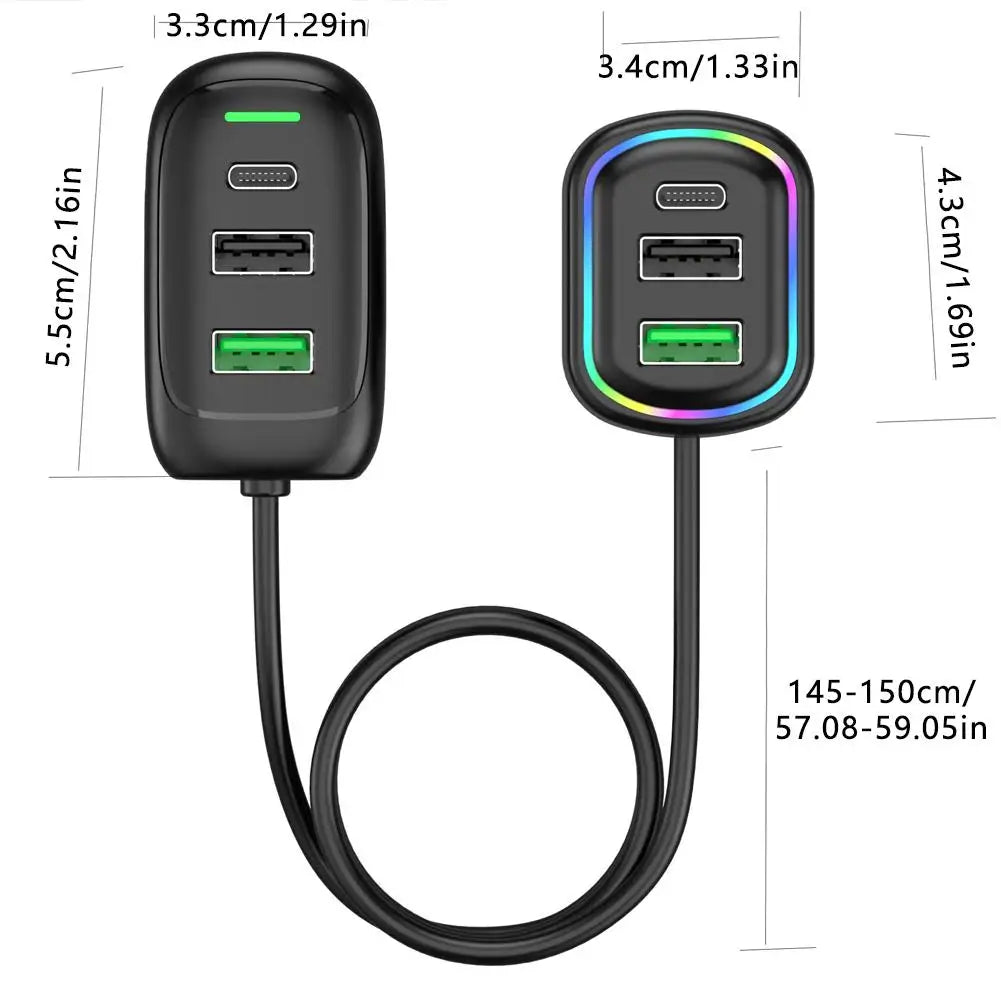6-Port Auto-Ladegerät mit Front- & Heck-Erweiterung | USB & Type-C | Schnellladen mit RGB-Licht