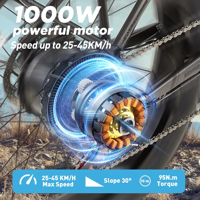 Elektro-Mountainbike – 250/1000W Power, 48V 20Ah Akku, 26" Fatbike mit 36-monatiger Gewährleistung