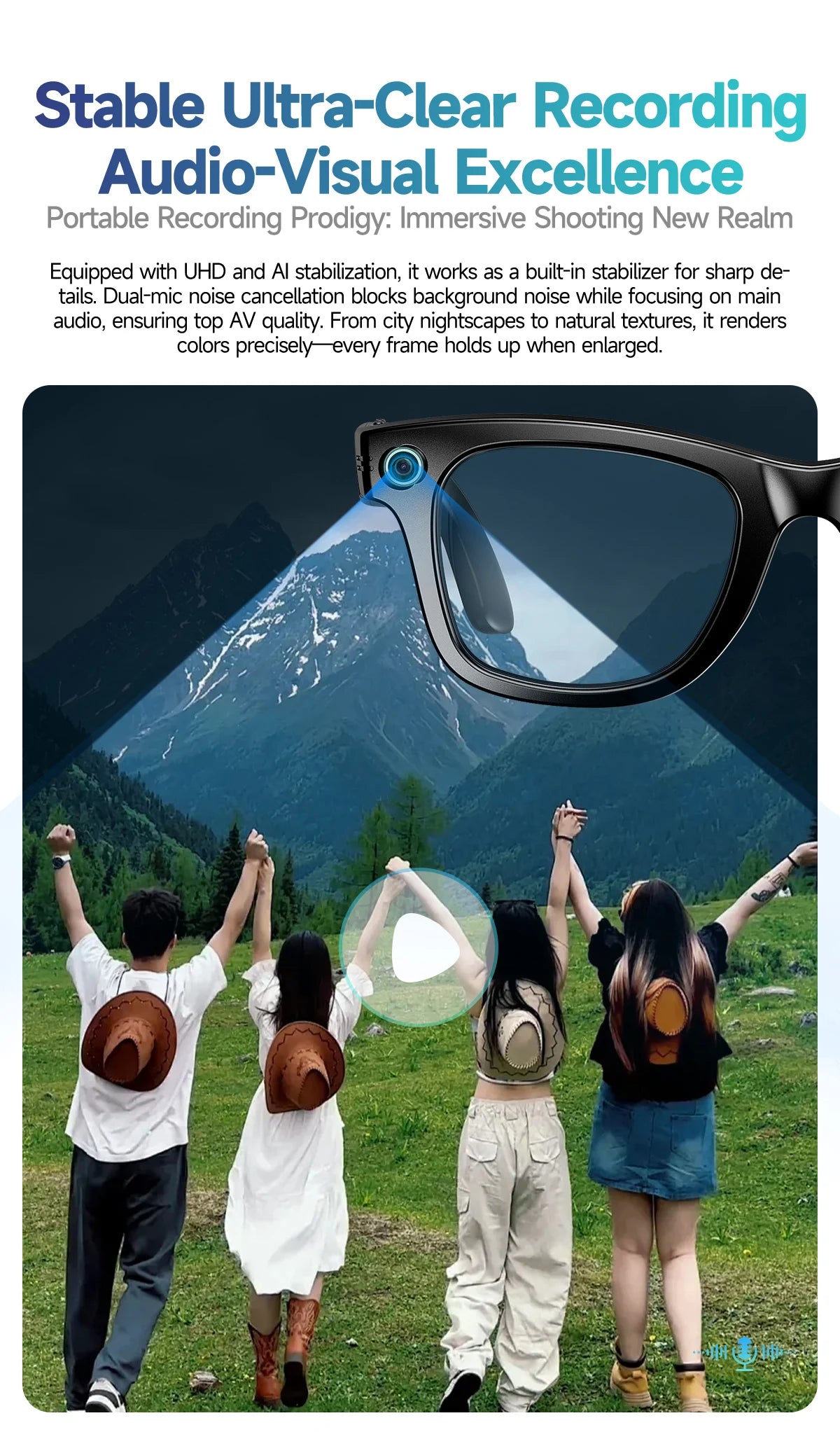 Intelligente Bluetooth-Brille mit Kamera, Videoaufnahme, Sprachsteuerung & KI-Übersetzung. Für Alltag & Action