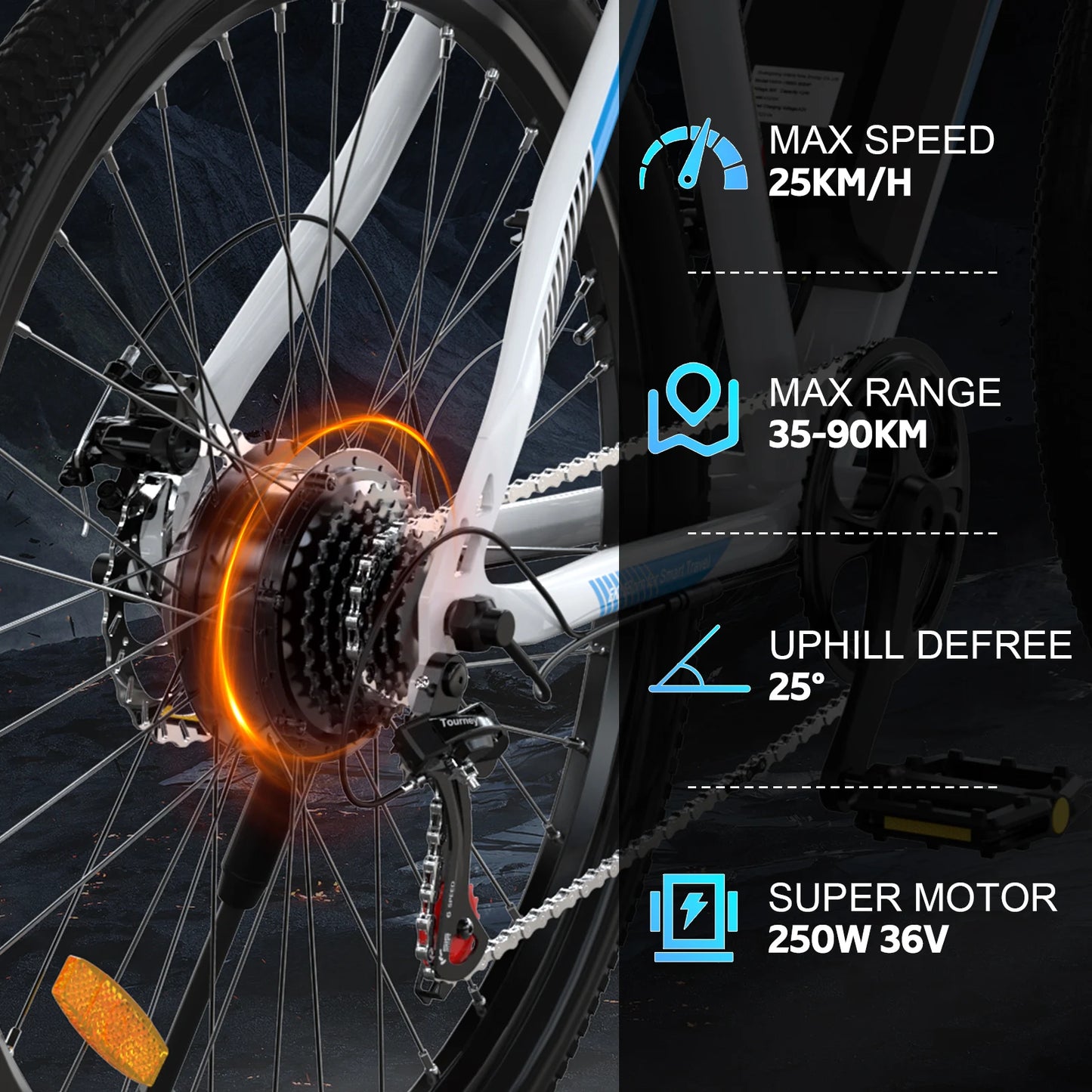 26-Zoll Elektrofahrrad für Erwachsene 7-Gang E- Mountainbike mit 250W Motor