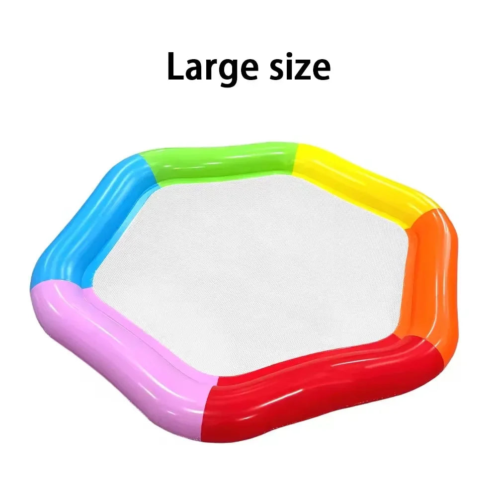 1 Stück Regenbogen-Hexagon aufblasbare Pool-Luftmatratze mit Netz-Sitzfläche, Wasser-Hängematte für Erwachsene, Sommer-Schwimmbad-Luftliege für Partys