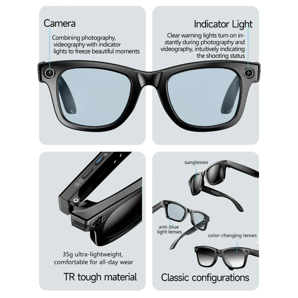Intelligente Bluetooth-Brille mit Kamera, Videoaufnahme, Sprachsteuerung & KI-Übersetzung. Für Alltag & Action