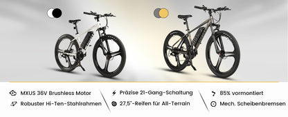 27,5" E-Mountainbike im sportlichen Design für Erwachsene, 36V 10.4Ah, 21-Gang