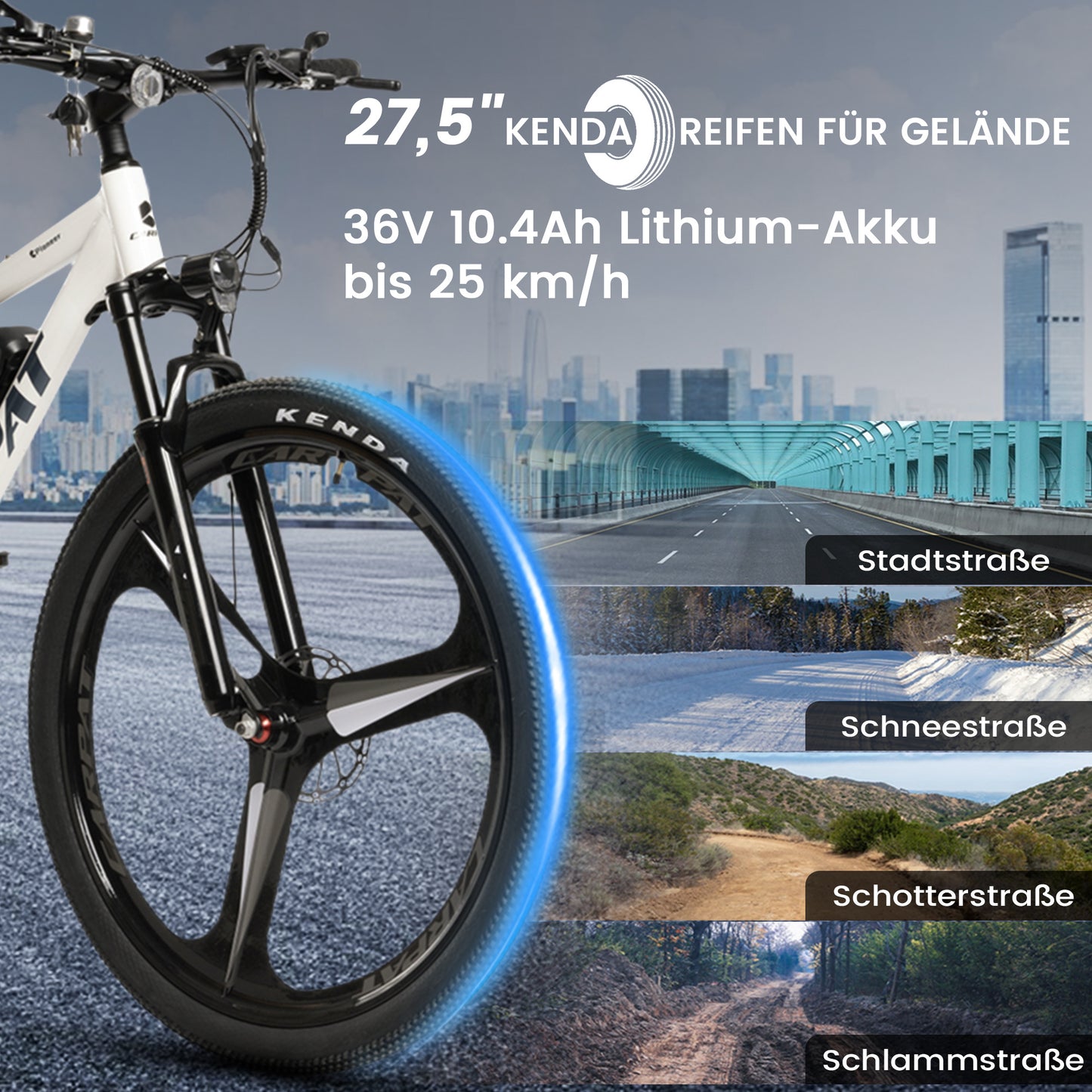 27,5" E-Mountainbike im sportlichen Design für Erwachsene, 36V 10.4Ah, 21-Gang