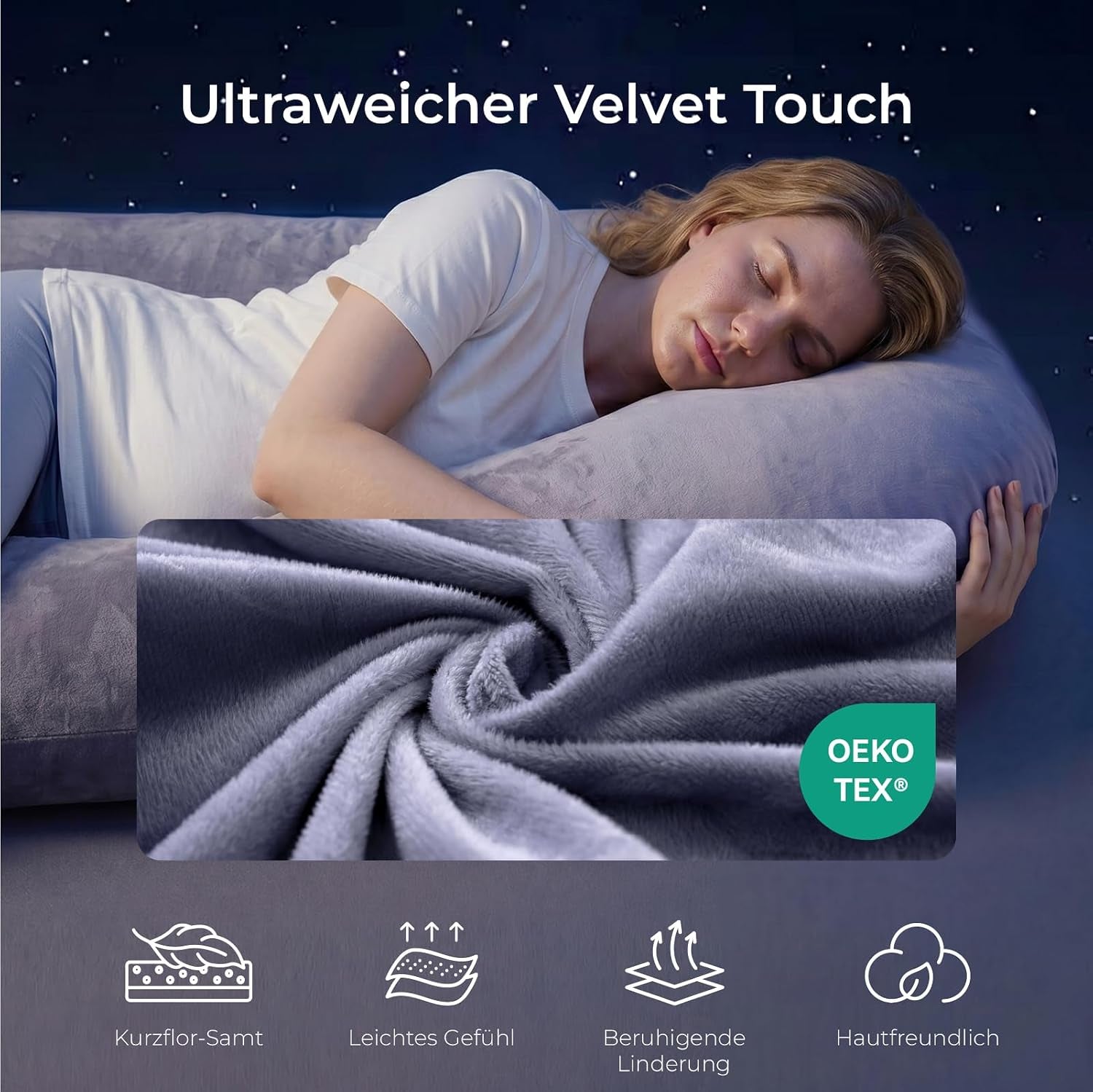 Momcozy U-Lite Schwangerschaftskissen Kristallvelours 130Cm Grau | Seitenschläferkissen, Abnehmbarer Kristallvelours-Bezug, Maschinenwaschbar, Platzsparend, 130 Cm, OEKO-TEX Zertifiziert