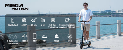 MEGA MOTION E-Scooter, 400W Motor 7,8 Ah Akku – Der perfekte Begleiter für deinen Alltag inkl. 36-monatiger Gewährleistung