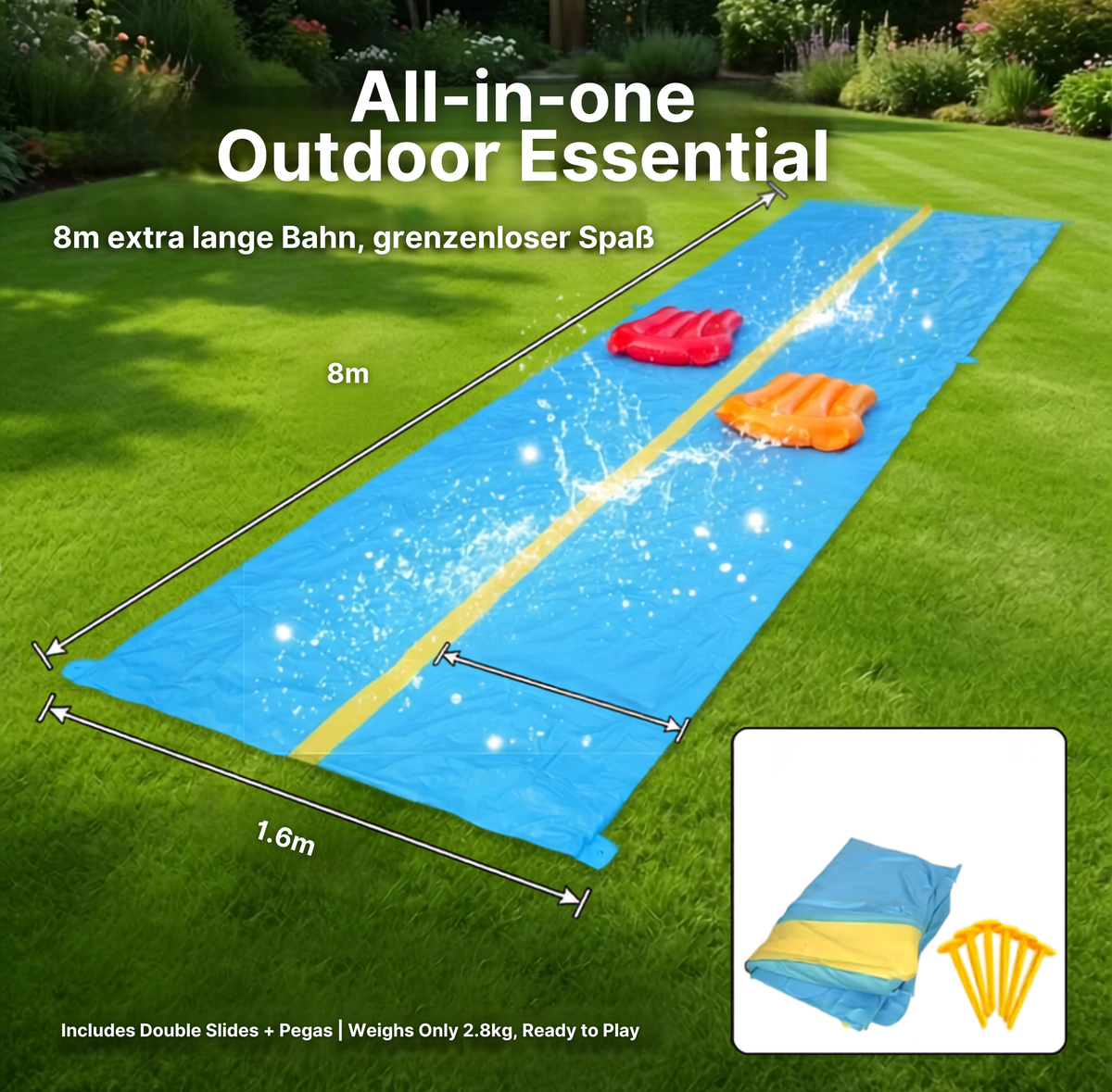 2-fach aufblasbare Wasserbahn Wasserrutsche +Sprinkler 790cm inkl. Gleitmatten Garten Kinder