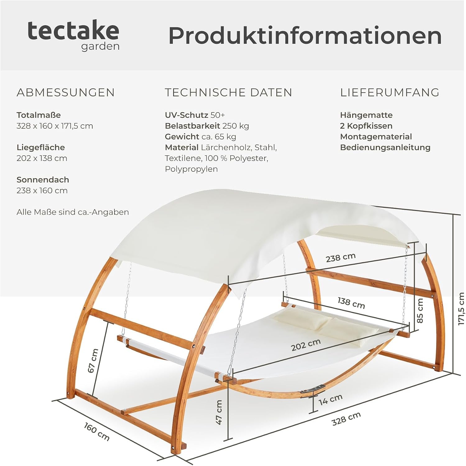 Tectake® Doppel Hängematte Mit Gestell, 328 X 160 X 172 Cm, Hängematte Mit Dach Für 2 Personen, Belastbarkeit 250 Kg, Doppel Sonnenliege, Sonnenliege Holz, Gartenliege Holz, Wetterfest, Inkl. 2 Kissen