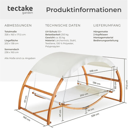 Tectake® Doppel Hängematte Mit Gestell, 328 X 160 X 172 Cm, Hängematte Mit Dach Für 2 Personen, Belastbarkeit 250 Kg, Doppel Sonnenliege, Sonnenliege Holz, Gartenliege Holz, Wetterfest, Inkl. 2 Kissen