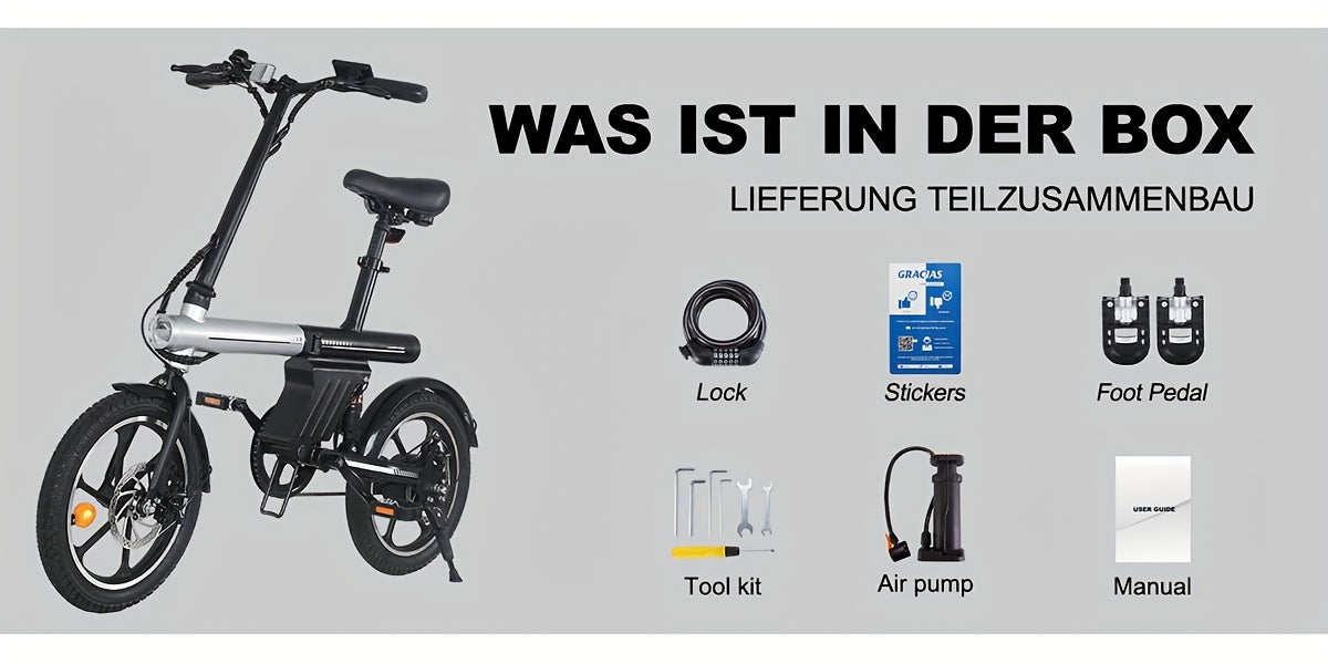 16-Zoll Mini-E-Klapprad mit 250W Motor, 12,8Ah, bis 60 km Reichweite - mit 36-monatiger Gewährleistung
