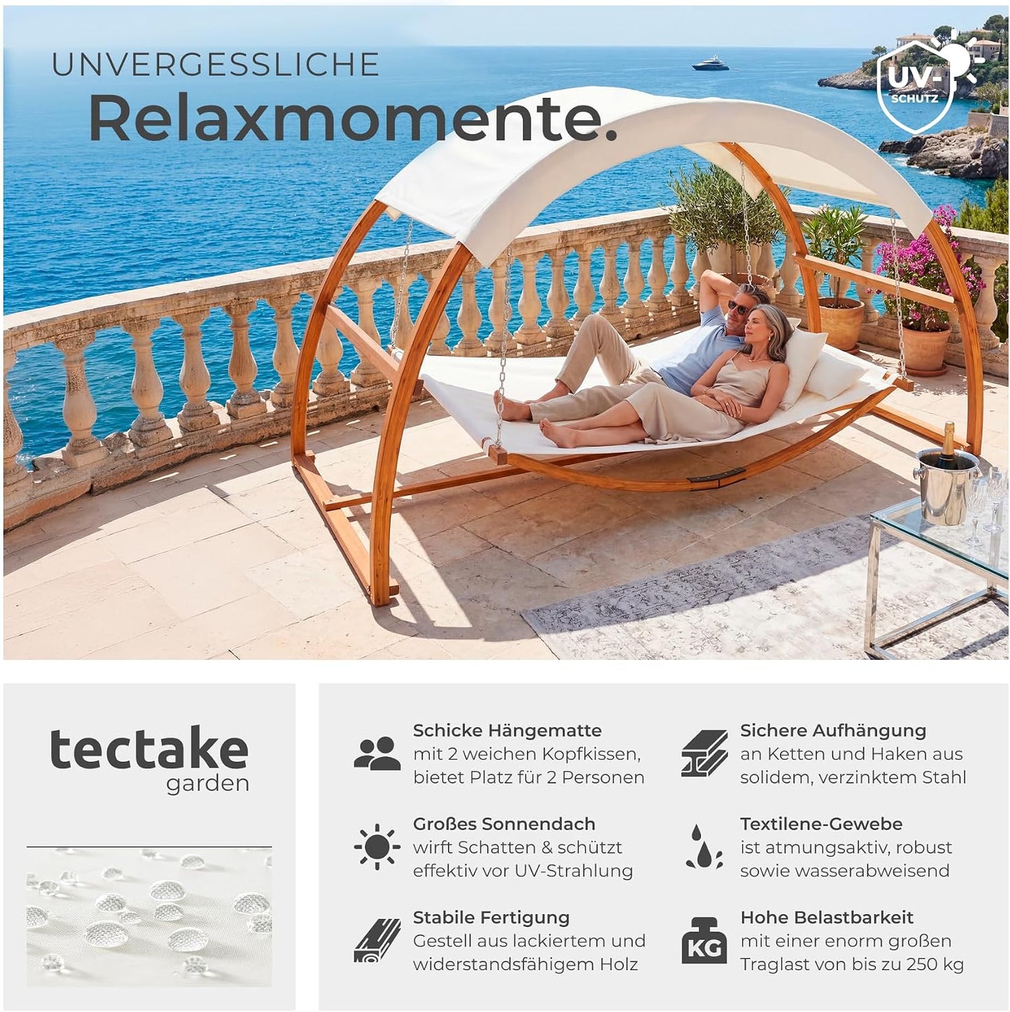 Tectake® Doppel Hängematte Mit Gestell, 328 X 160 X 172 Cm, Hängematte Mit Dach Für 2 Personen, Belastbarkeit 250 Kg, Doppel Sonnenliege, Sonnenliege Holz, Gartenliege Holz, Wetterfest, Inkl. 2 Kissen