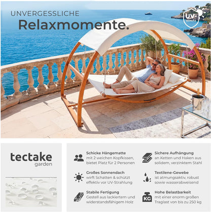 Tectake® Doppel Hängematte Mit Gestell, 328 X 160 X 172 Cm, Hängematte Mit Dach Für 2 Personen, Belastbarkeit 250 Kg, Doppel Sonnenliege, Sonnenliege Holz, Gartenliege Holz, Wetterfest, Inkl. 2 Kissen