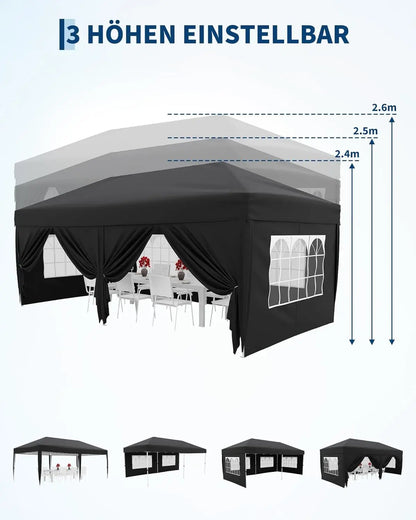 Faltpavillon 3x6 m Wasserdicht Pavillon mit 6 Seitenwänden Schwarz