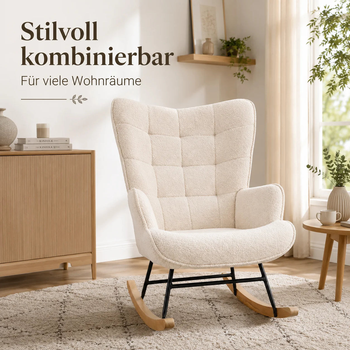 Schaukelstuhl NUVORA Teddystoff Relaxsessel Massivholz Lesesessel Beige