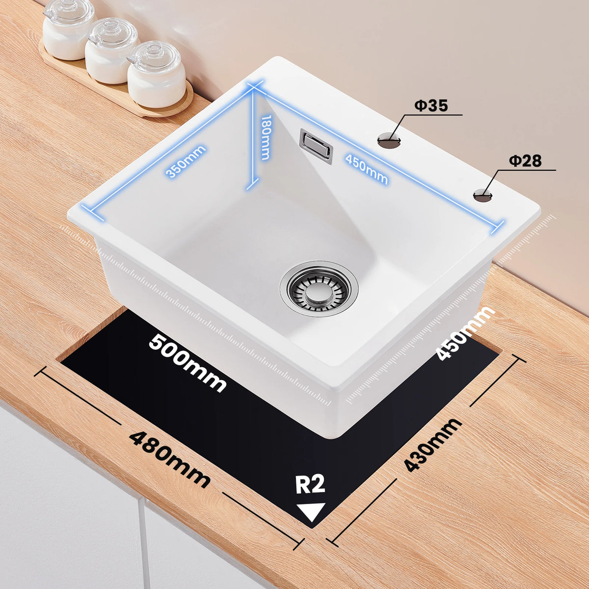 40x45 cm Quarzkomposit Küchenspüle Weiß Einbauspüle Steinspüle mit Siphon Set