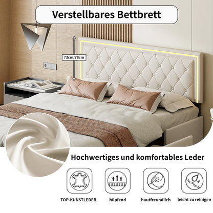 Polsterbett 140x200 / 160x200 cm – Lederbett mit 4 Schubladen Doppelbett Bettgestell Weiß Grau