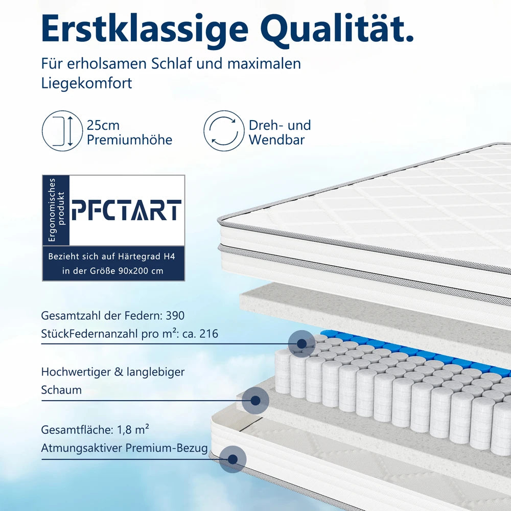 PFCTART Hybridmatratze 90x200 25cm Gel Memory Foam Taschenfederkern OEKO-TEX