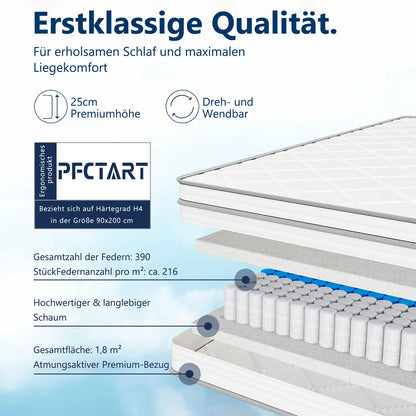 PFCTART Hybridmatratze 90x200 25cm Gel Memory Foam Taschenfederkern OEKO-TEX