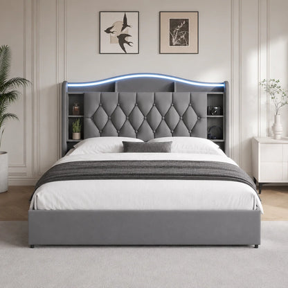 Polsterbett 140x190 LED Bett Samtbett Doppelbett mit Stauraum Bettgestell Grau