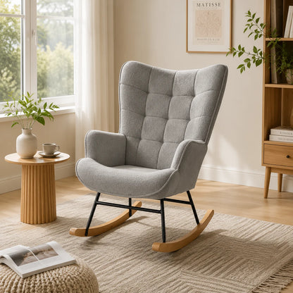 Schaukelstuhl NUVORA Teddystoff Relaxsessel Massivholz Lesesessel Beige