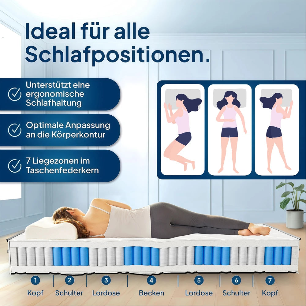 PFCTART Hybridmatratze 90x200 25cm Gel Memory Foam Taschenfederkern OEKO-TEX