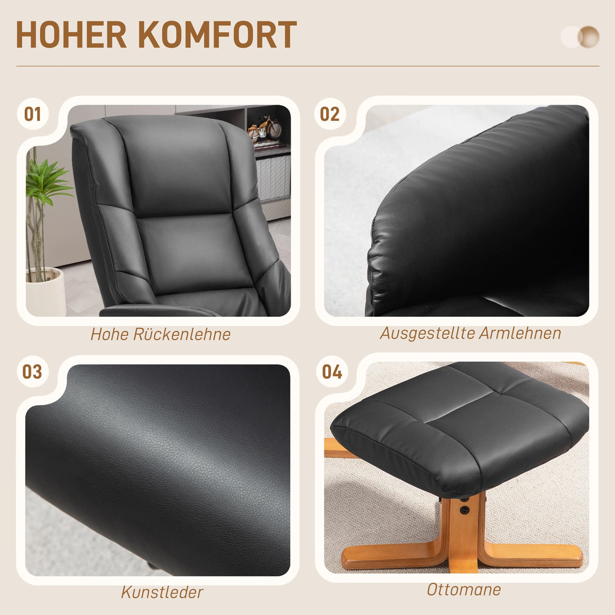 Relaxsessel AURENZO mit Hocker Drehbar Kunstleder Liegesessel 135° Braun