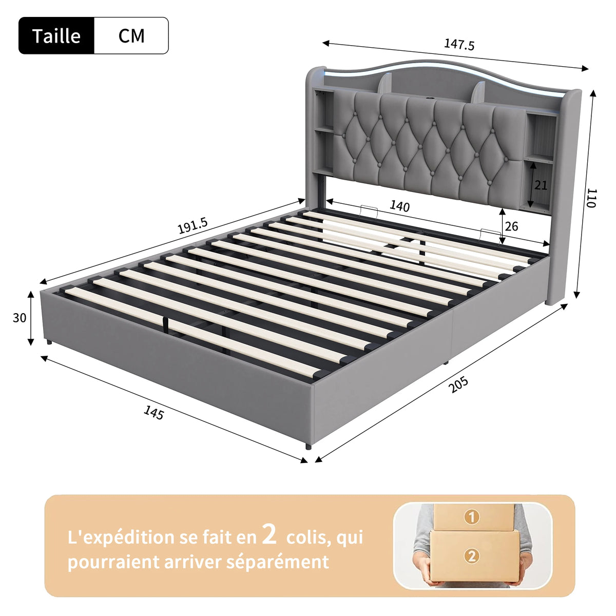 Polsterbett 140x190 LED Bett Samtbett Doppelbett mit Stauraum Bettgestell Grau