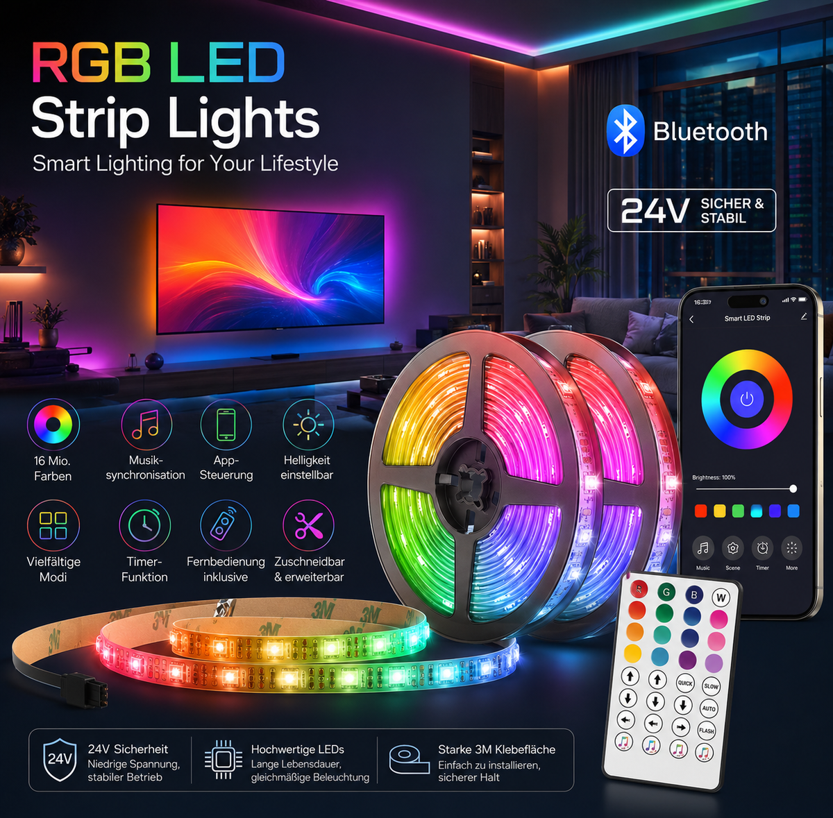 RGB LED Streifen 24V Bluetooth App Musik Fernbedienung Lichtband 5-30 Meter