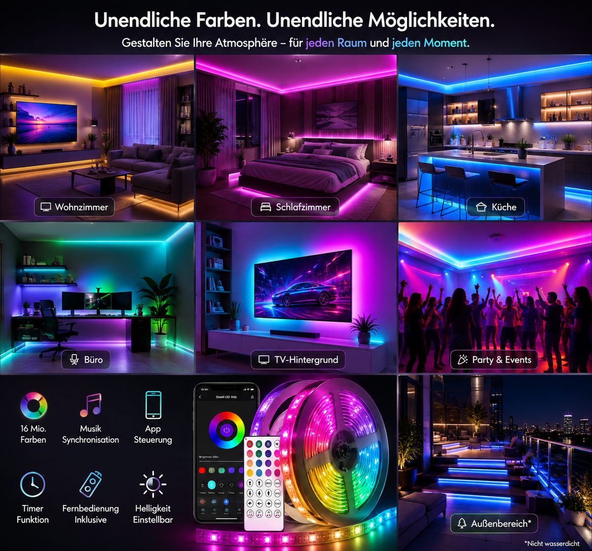RGB LED Streifen 24V Bluetooth App Musik Fernbedienung Lichtband 5-30 Meter