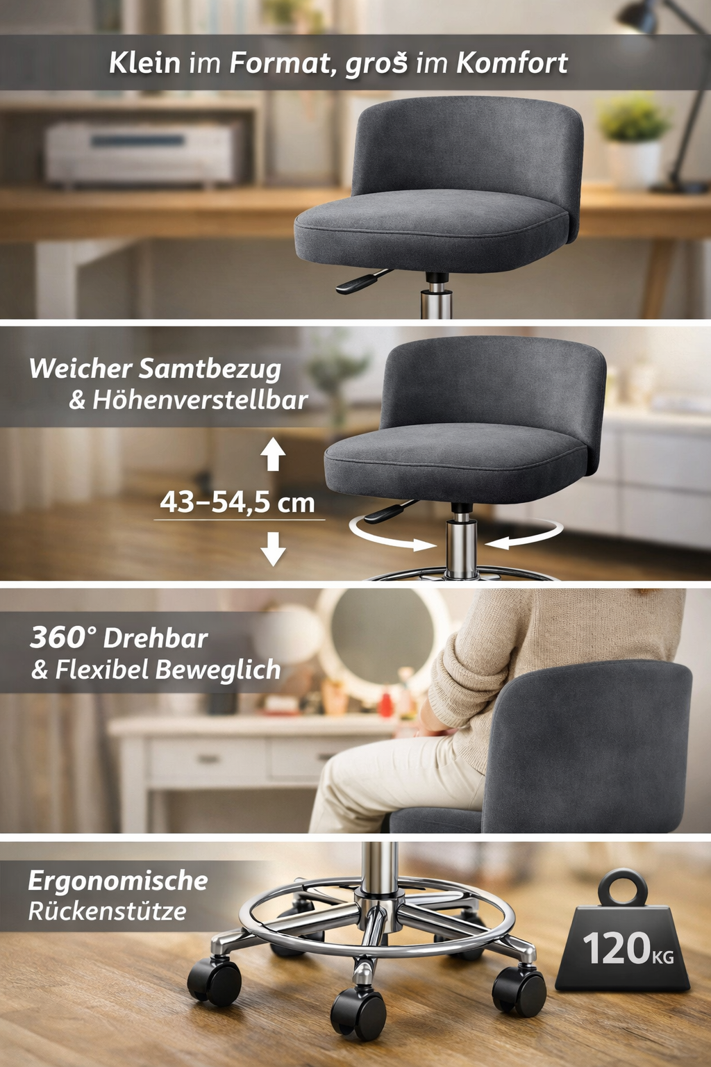 Drehbarer Bürostuhl mit Rollen Höhenverstellbarer Samt-Arbeitshocker mit Rückenlehne, 360° drehbar, belastbar bis 120 kg
