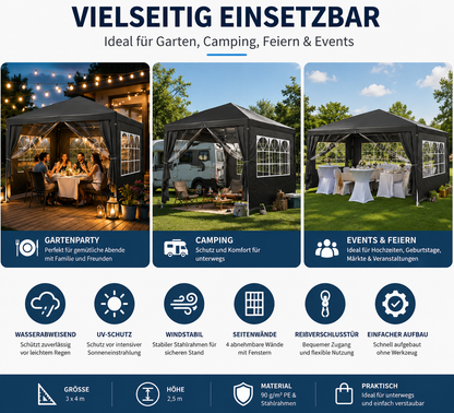 Pavillon 3x4 m Wasserdicht Partyzelt mit 4 Seitenwänden UV-Schutz