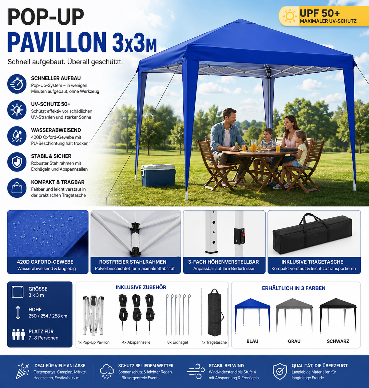 Pavillons 3x3m, wasserabweisend, stabil, Pop-Up-Faltpavillon, UV-Schutz, faltbares Partyzelt, Gartenpavillon für Camping