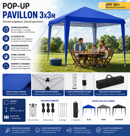 Pavillons 3x3m, wasserabweisend, stabil, Pop-Up-Faltpavillon, UV-Schutz, faltbares Partyzelt, Gartenpavillon für Camping