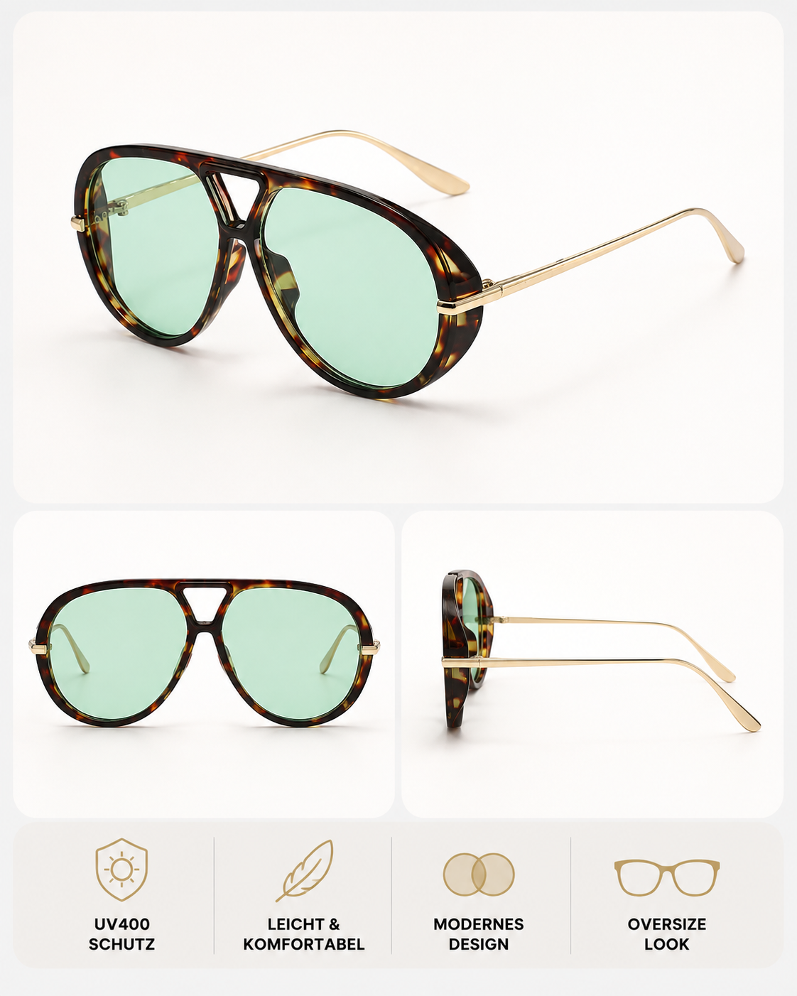 Oversize Pilotensonnenbrille Damen Oval UV400 Retro Punk Vintage Trend