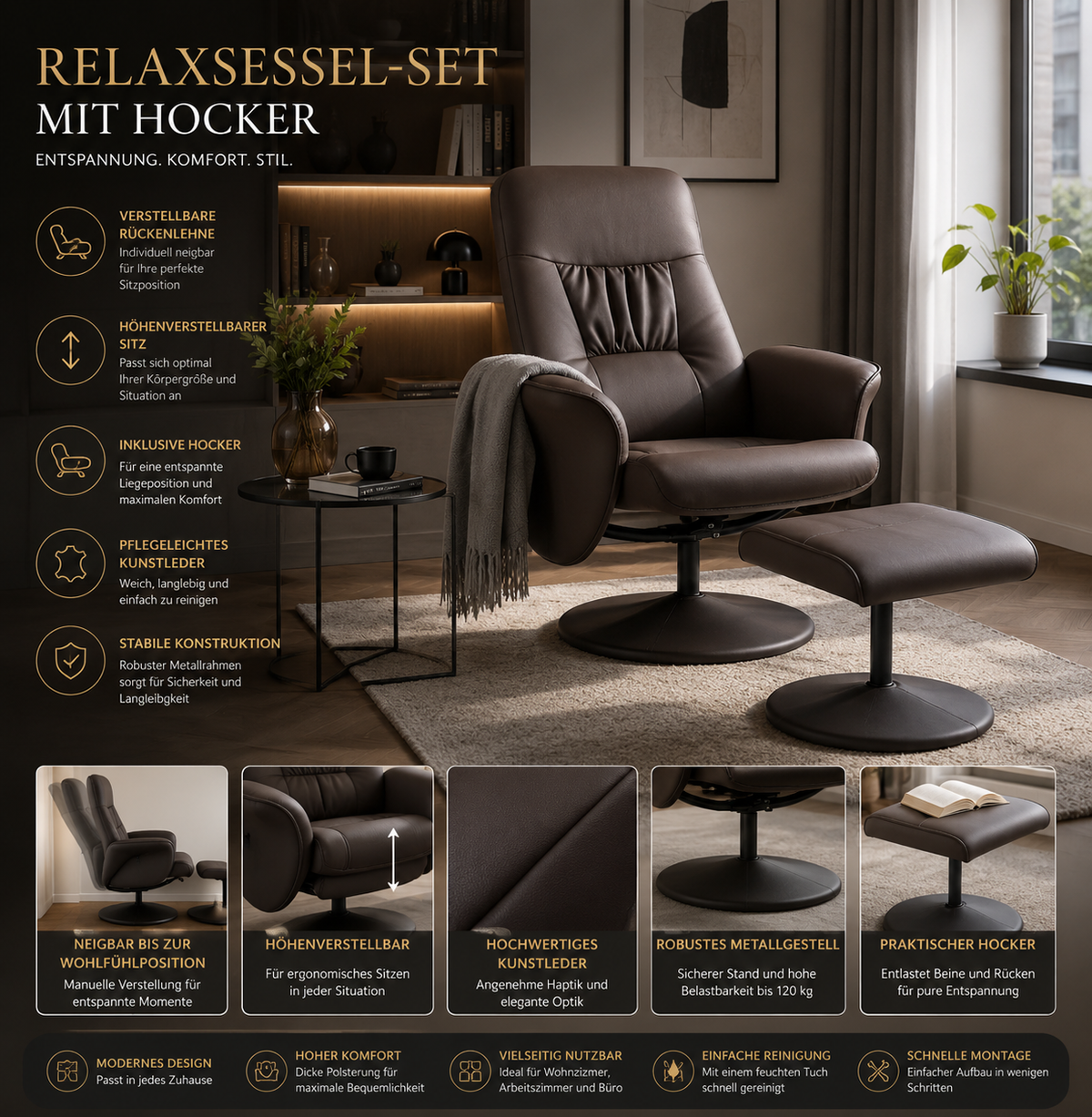 Relaxsessel MONTERO mit Hocker Kunstleder Verstellbar Fernsehsessel Braun