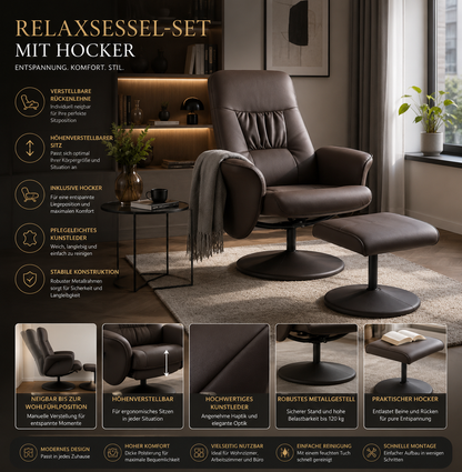 Relaxsessel MONTERO mit Hocker Kunstleder Verstellbar Fernsehsessel Braun