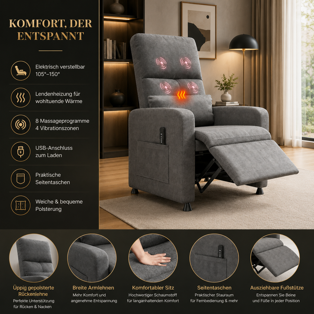 Relaxsessel NOVALUX Elektrisch Massagesessel mit Wärme USB Liegefunktion Grau