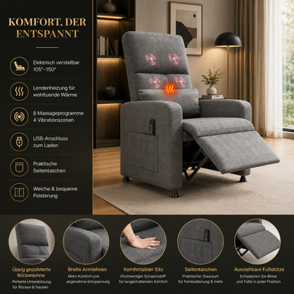 Relaxsessel NOVALUX Elektrisch Massagesessel mit Wärme USB Liegefunktion Grau