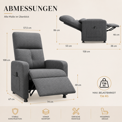 Relaxsessel NOVALUX Elektrisch Massagesessel mit Wärme USB Liegefunktion Grau