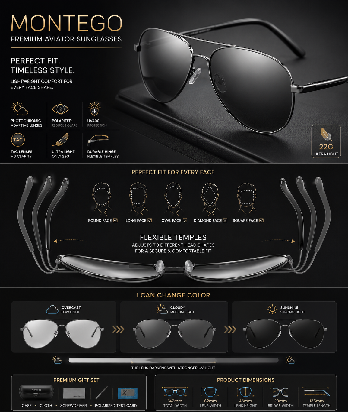 Photochrome Pilot Sonnenbrille MONTEGO Polarisiert UV400 Herren Damen TAC
