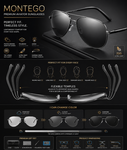 Photochrome Pilot Sonnenbrille MONTEGO Polarisiert UV400 Herren Damen TAC