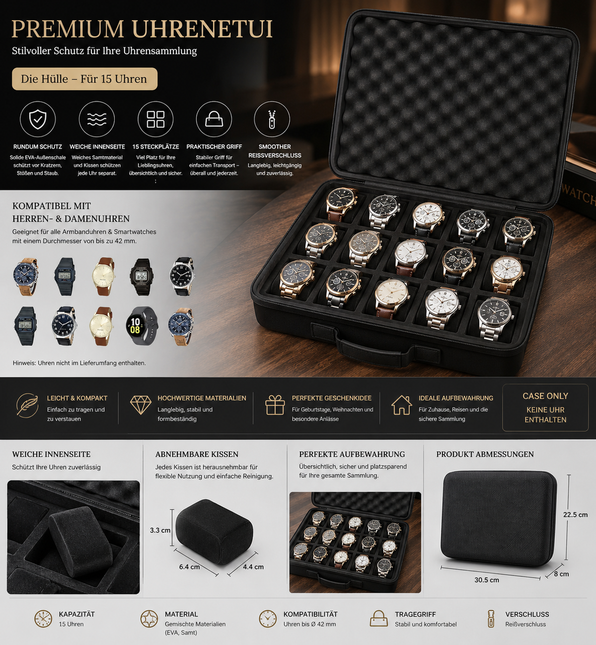 15 Uhrenbox Organizer Chronova Etui für Herren Damen bis 42 mm