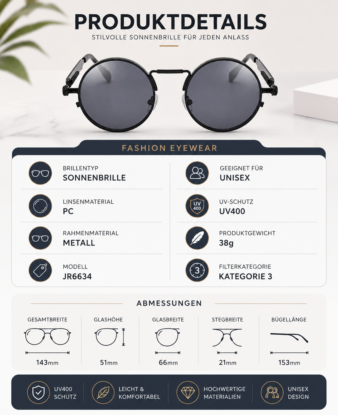 Damen Sonnenbrille Rund Metall Rahmen UV400 Retro Brille Unisex Outdoor