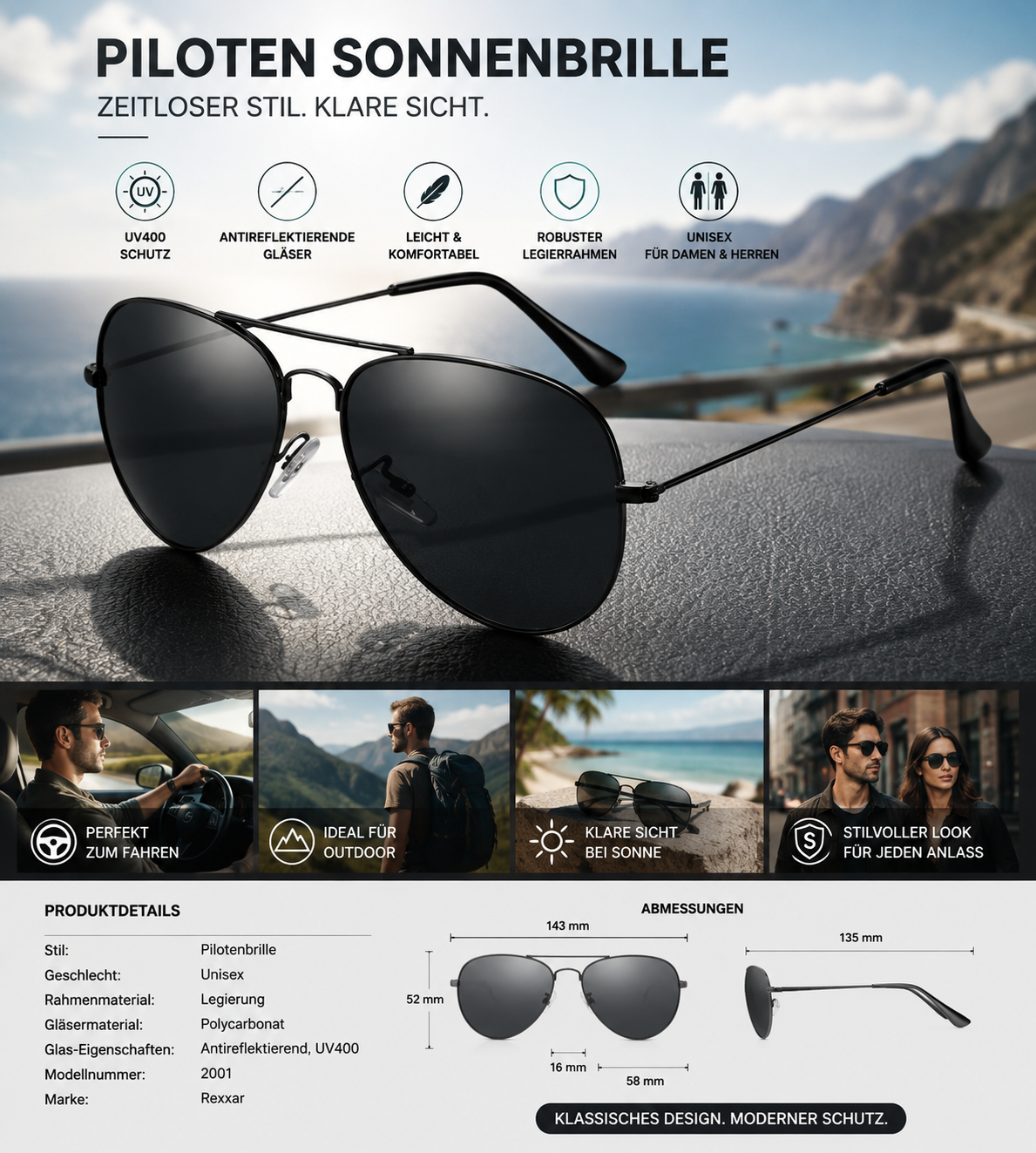 Piloten Sonnenbrille Herren Damen UV400 Vintage Brille Schwarz Gelb Unisex