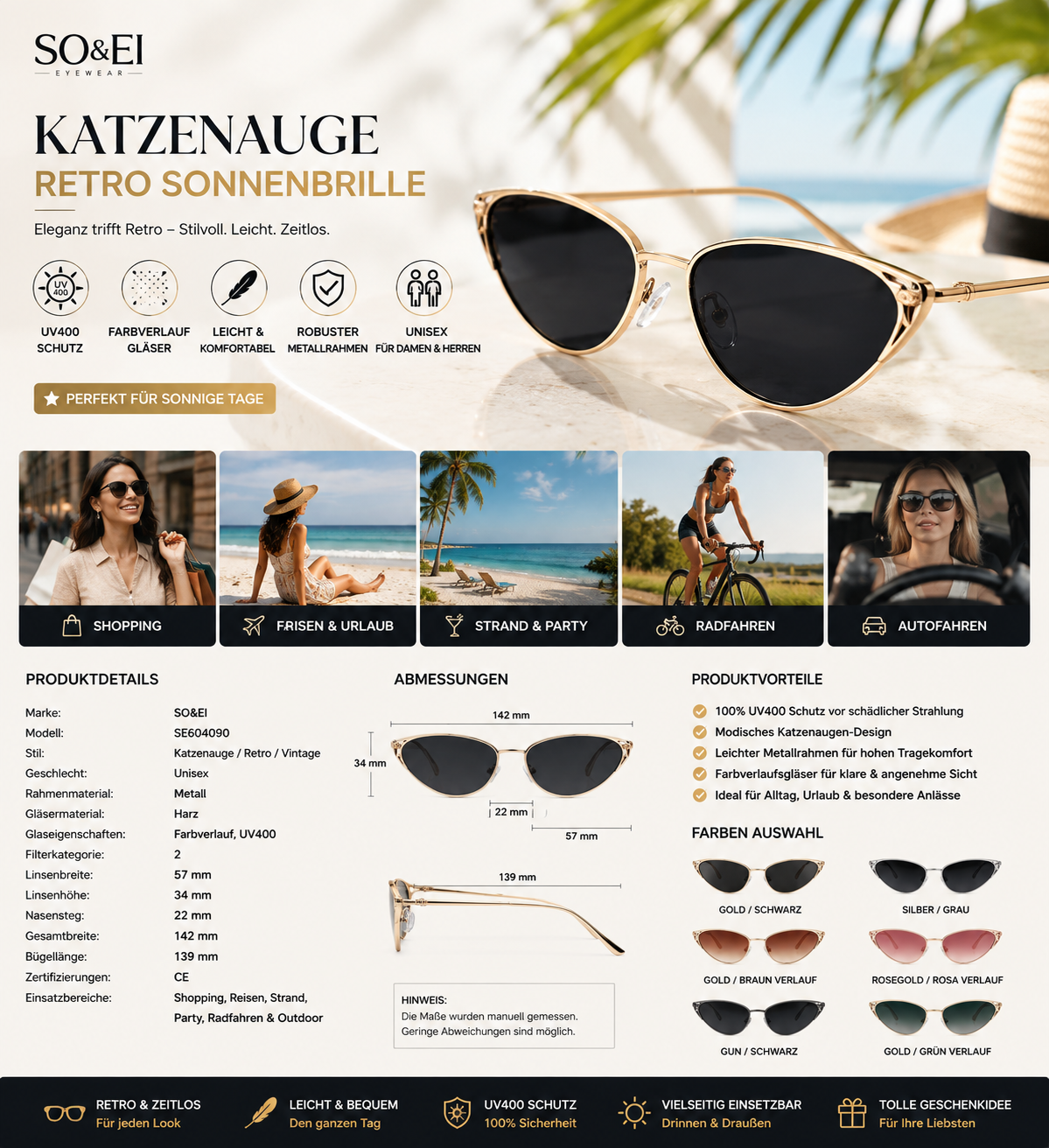 Retro-Sonnenbrille aus Metall mit Katzenaugen-Design für Damen, modische Farbverlaufsbrille, UV400