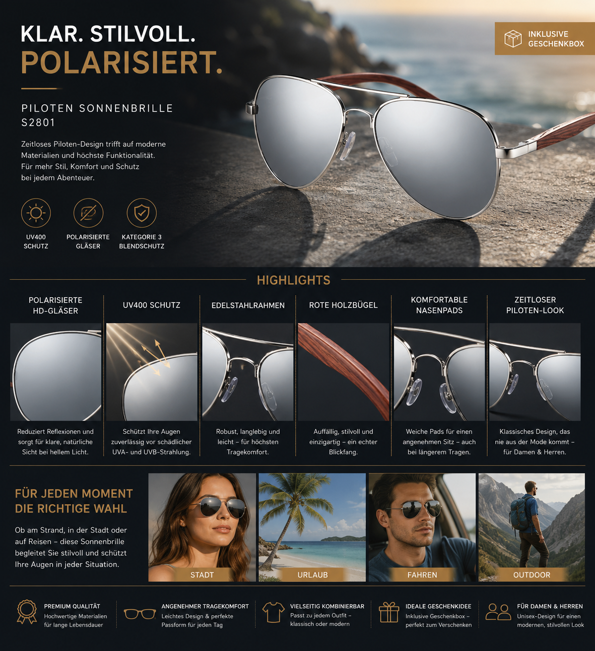 Piloten Sonnenbrille Polarisiert UV400 Holz Bügel Edelstahl Retro Unisex