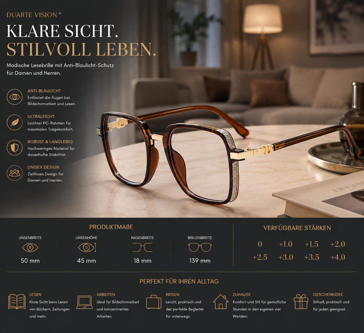 Duarte Lesebrille Unisex Großrahmen Quadrat Anti-Blaulicht Modern