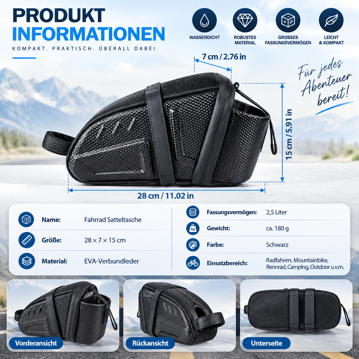 NEWBOLER Fahrradtasche Satteltasche 2,5L Wasserdicht MTB Rennrad Werkzeugtasche